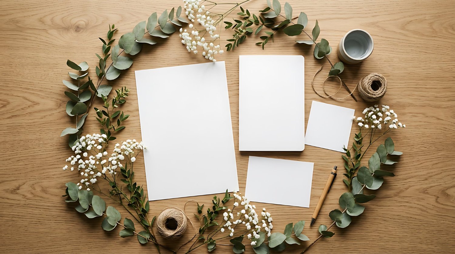 Wedding Website Privacy: What Nobody Mentions Until It's Live 13 Elegant white wedding stationery mockup framed by a eucalyptus and baby's breath wreath