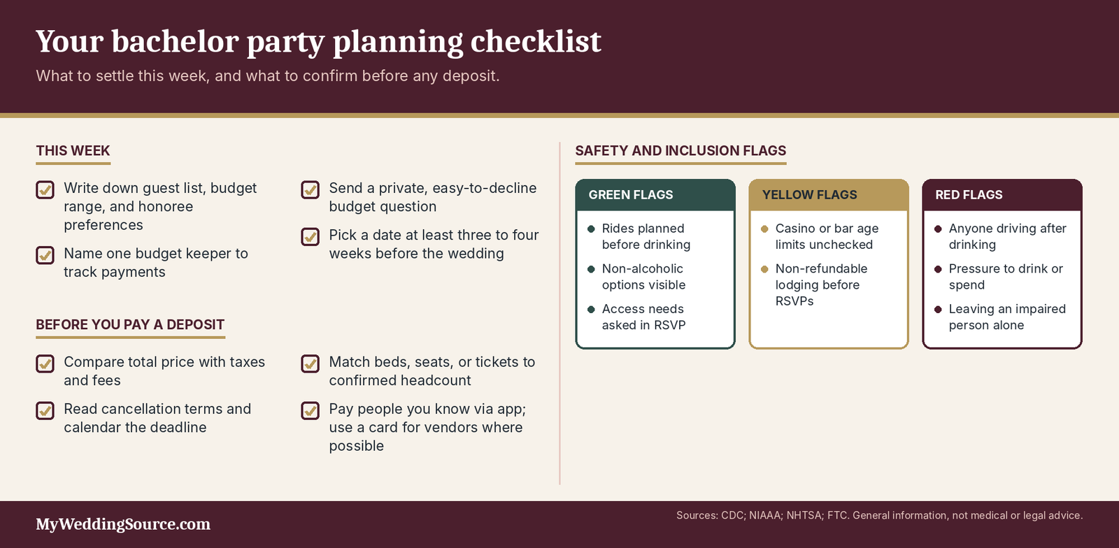 Bachelor Party Ideas: High-Impact Ideas With Costs and Practical Trade-Offs 6 Bachelor party planning checklist: deposit checks plus the safety and inclusion flags to watch