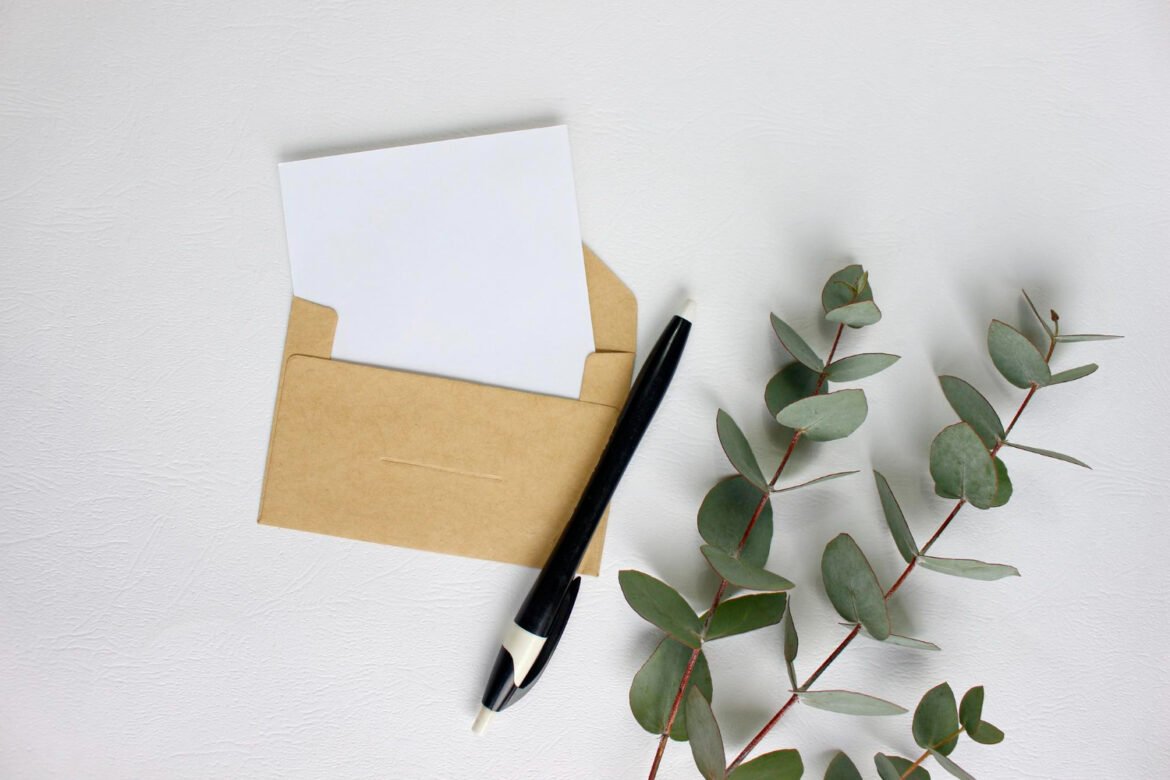 Elegant thank-you card, envelope, and pen with eucalyptus for wedding vendor tipping