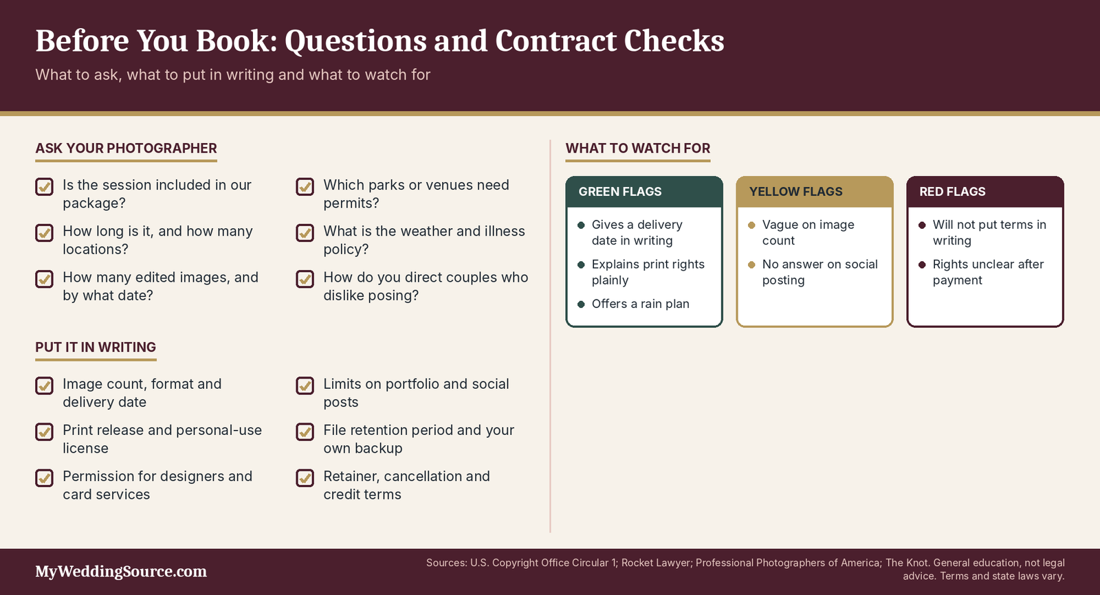 Wedding Engagement Photos: Cost, Timeline, Shot Priorities, and Contract Questions 6 Wedding engagement photo checklist: questions for your photographer, contract terms and red flags