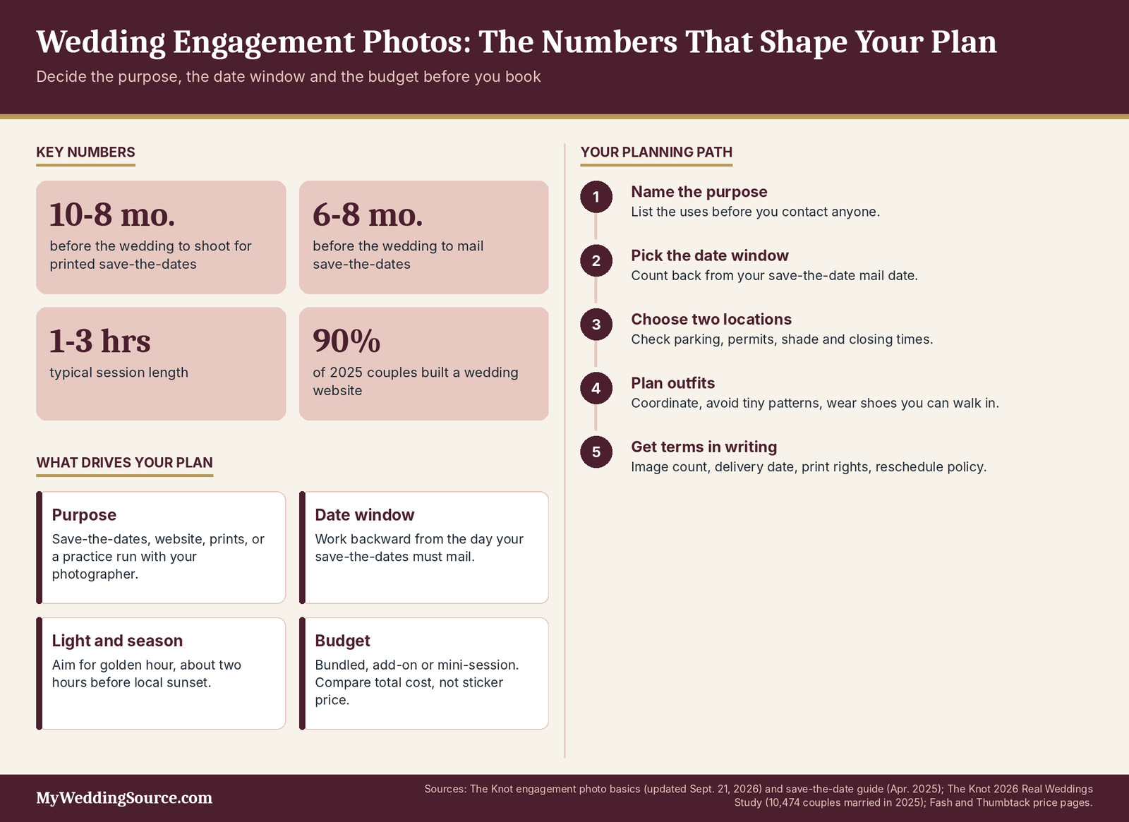 Wedding Engagement Photos: Cost, Timeline, Shot Priorities, and Contract Questions 4 Wedding engagement photos infographic: timing and length numbers, four factors and a five-step planning path