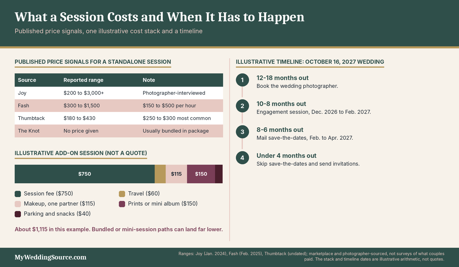 Wedding Engagement Photos: Cost, Timeline, Shot Priorities, and Contract Questions 5 Wedding engagement photo prices compared: published session ranges, a $1,115 add-on example and a timeline