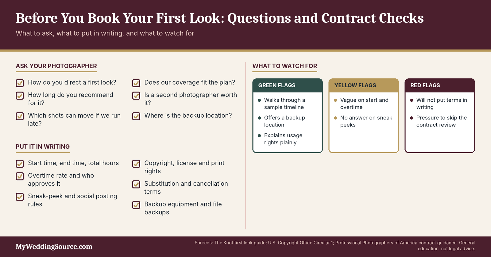 Wedding First Look Photos: Cost, Timeline, Shot Priorities, and Contract Questions 6 Wedding first look photographer checklist: six questions, six contract items and flags to watch for