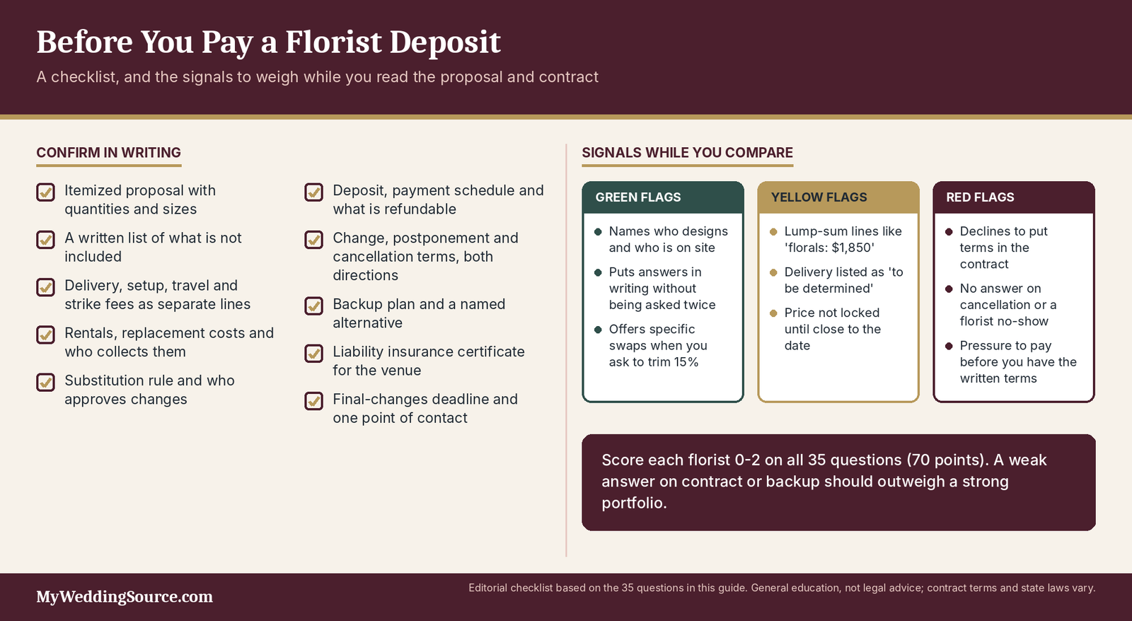 Wedding Florist Questions: 35 Questions to Ask Before You Book 6 Wedding florist contract checklist: ten terms to confirm in writing before paying and what the signals mean