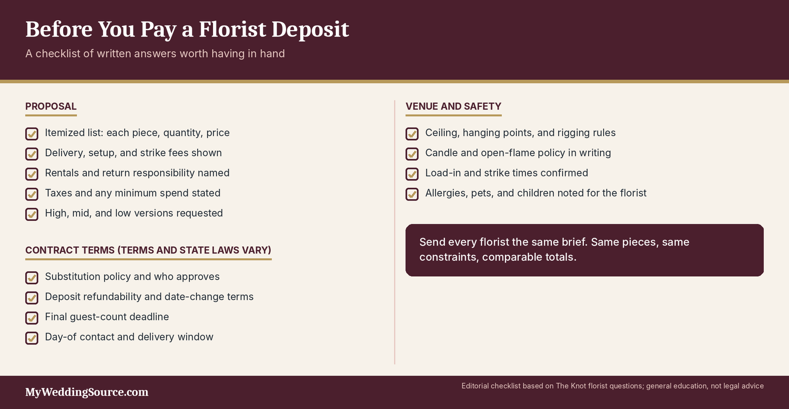 Wedding Flowers: Design Ideas, Real Costs, and Venue-Smart Planning 6 Wedding florist deposit checklist: written answers about proposals, contracts and venue rules to get before paying