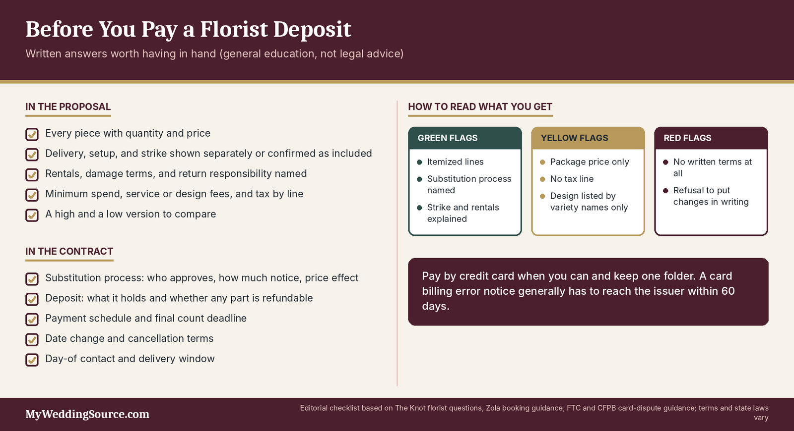 Wedding Flowers Cost: Real Prices, Hidden Fees, and How to Control the Total 6 Wedding florist deposit checklist: ten written answers to have before paying, with green, yellow and red flags