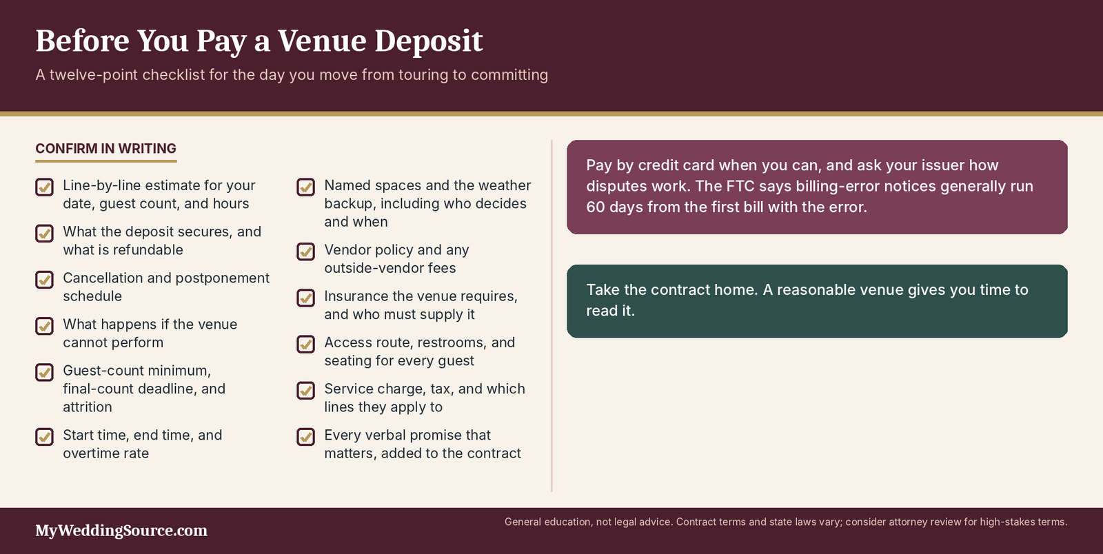 Wedding Venues: Costs, Questions, Red Flags, and What to Check Before Booking 6 Wedding venue deposit checklist infographic: twelve items to confirm in writing before you pay a venue deposit